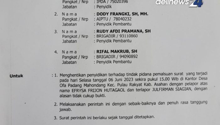Penyidik Polres Asahan Hentikan Penyidikan Kasus Pemalsuan Dokumen